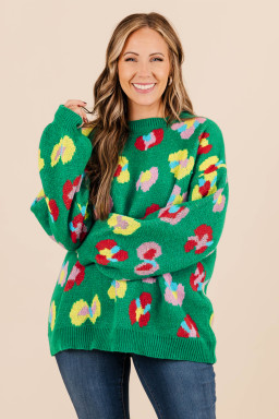 Plus Size Green  Floral Knitted Ribbed Edge Drop Shoulder Sweater