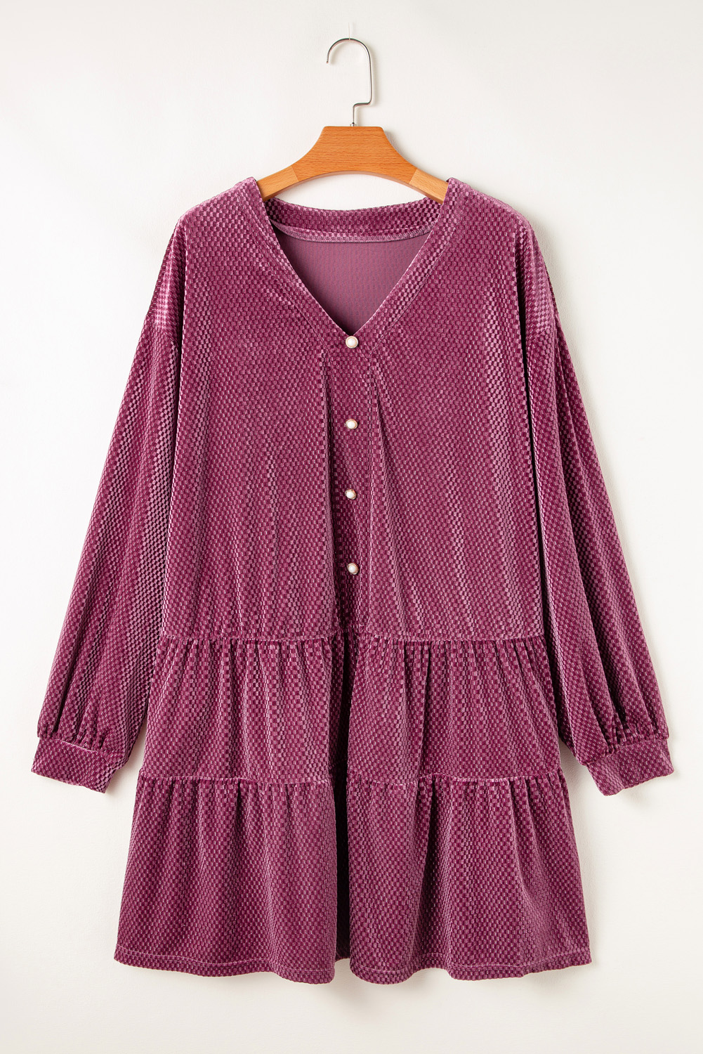 Plus Size Meadow Mauve  Textured Velvet Tiered Buttons Tiered Dress