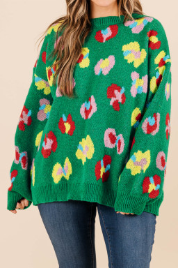 Plus Size Green  Floral Knitted Ribbed Edge Drop Shoulder Sweater