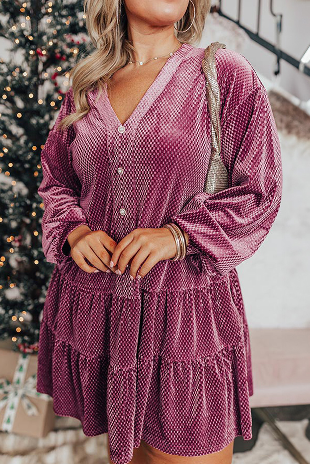 Plus Size Meadow Mauve  Textured Velvet Tiered Buttons Tiered Dress