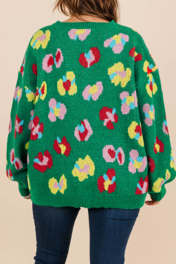 Plus Size Green  Floral Knitted Ribbed Edge Drop Shoulder Sweater