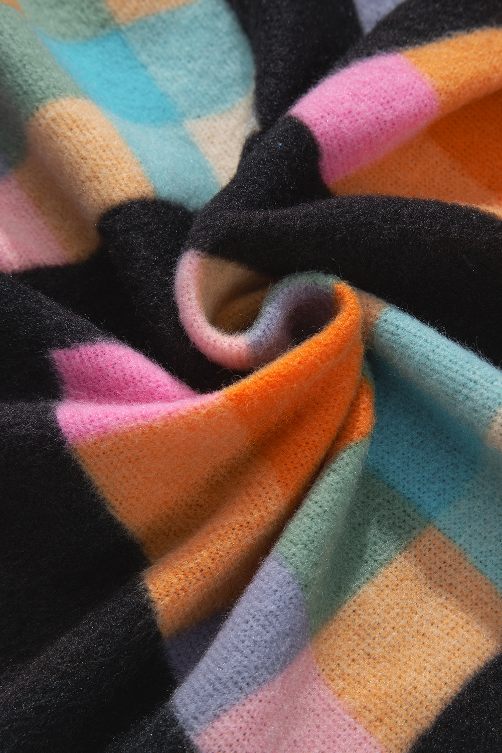 Plus Size Black  Checkered Print Sherpa Henley Sweatshirt