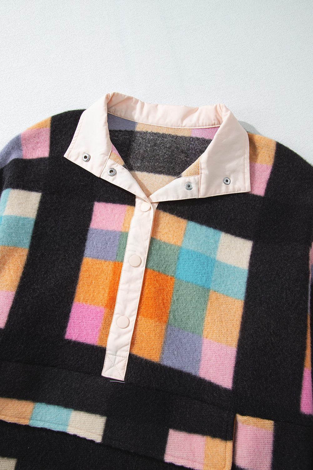 Plus Size Black  Checkered Print Sherpa Henley Sweatshirt