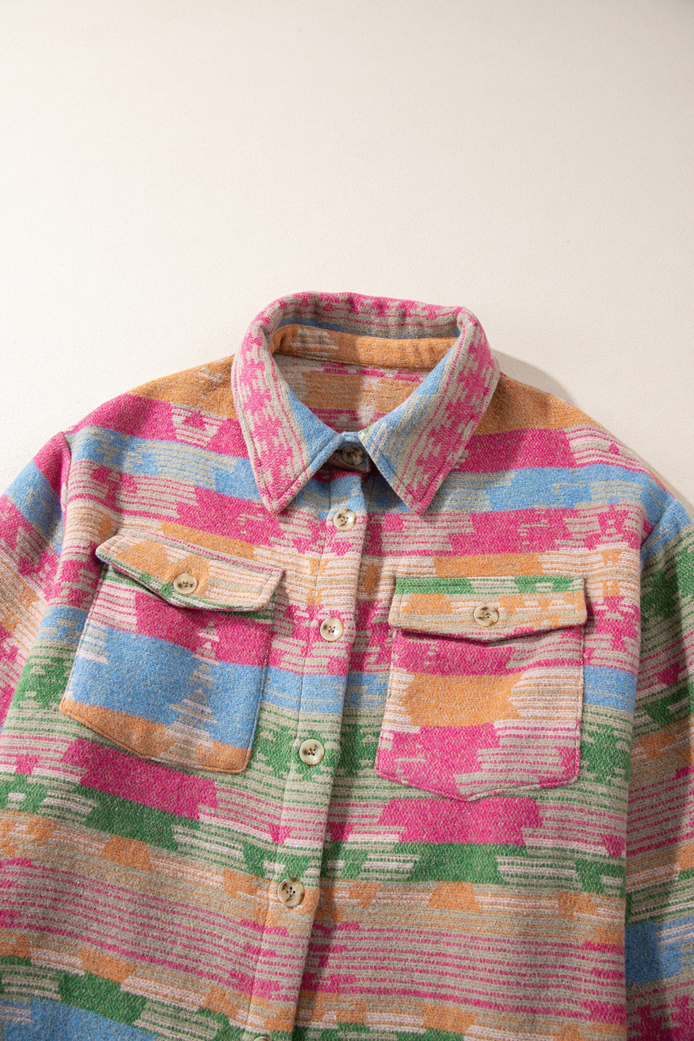 Plus Size Pink  Aztec Printed Flap Pocket Shacket