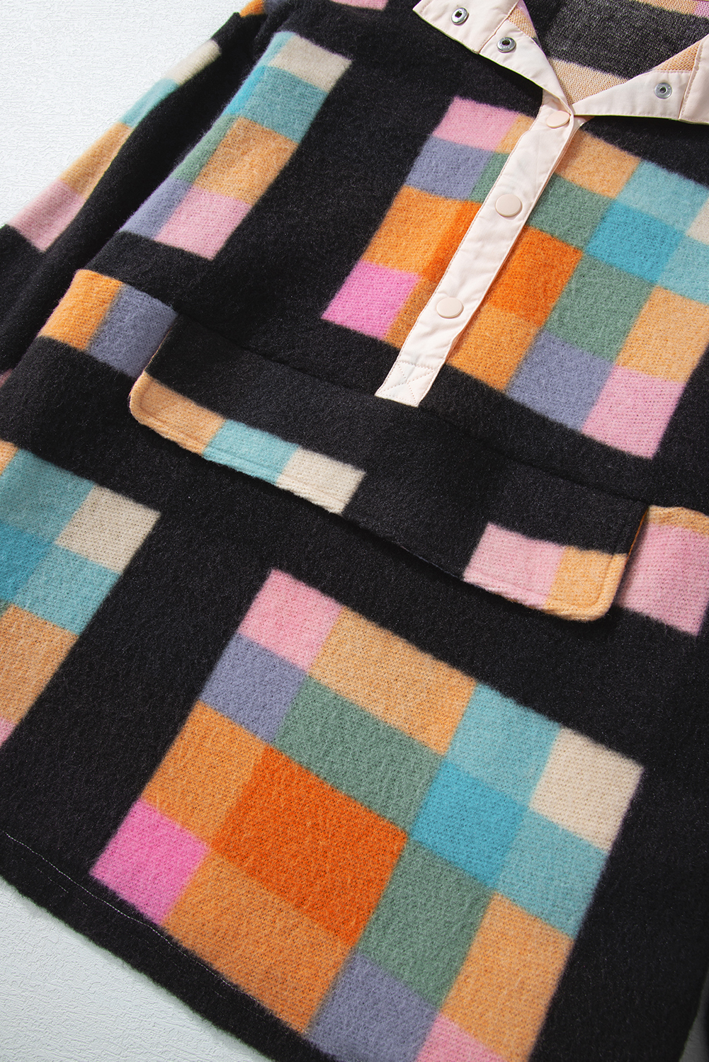 Plus Size Black  Checkered Print Sherpa Henley Sweatshirt