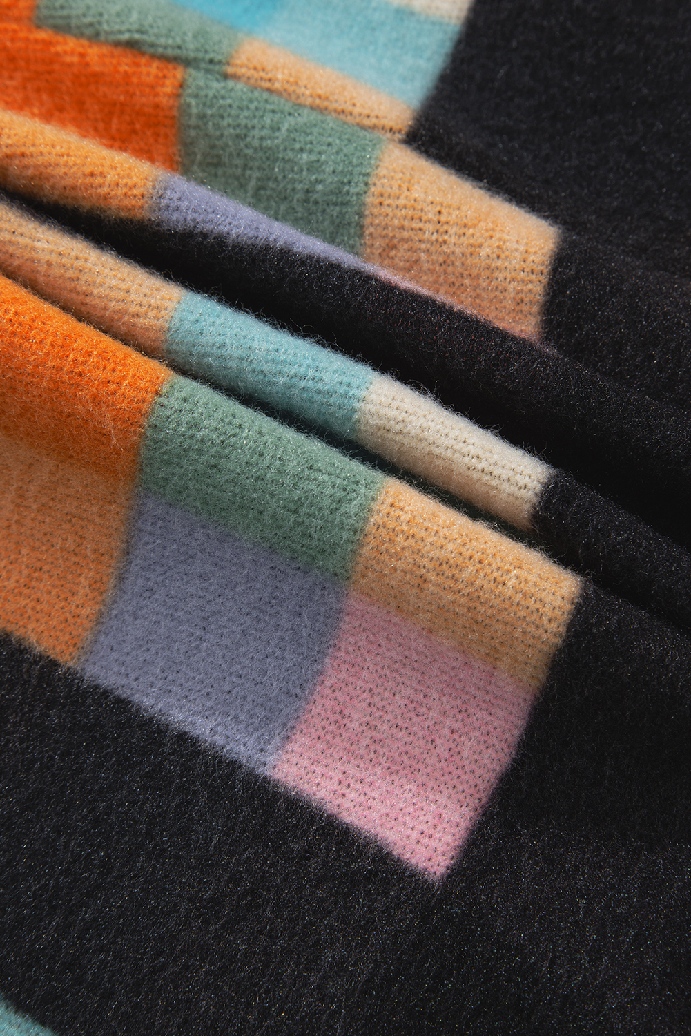 Plus Size Black  Checkered Print Sherpa Henley Sweatshirt