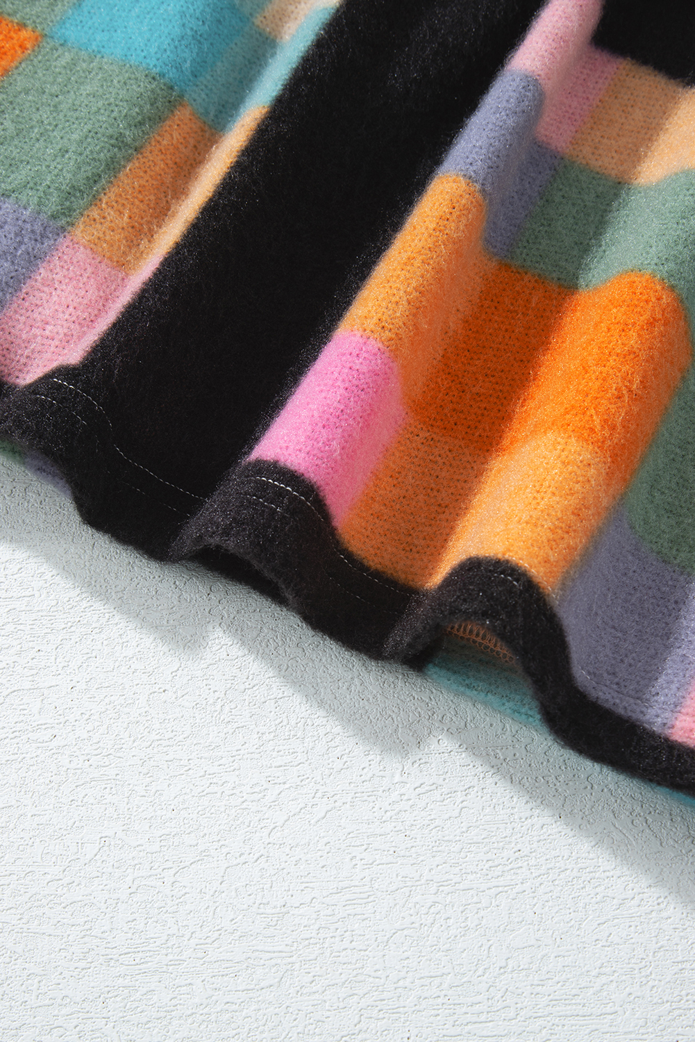 Plus Size Black  Checkered Print Sherpa Henley Sweatshirt