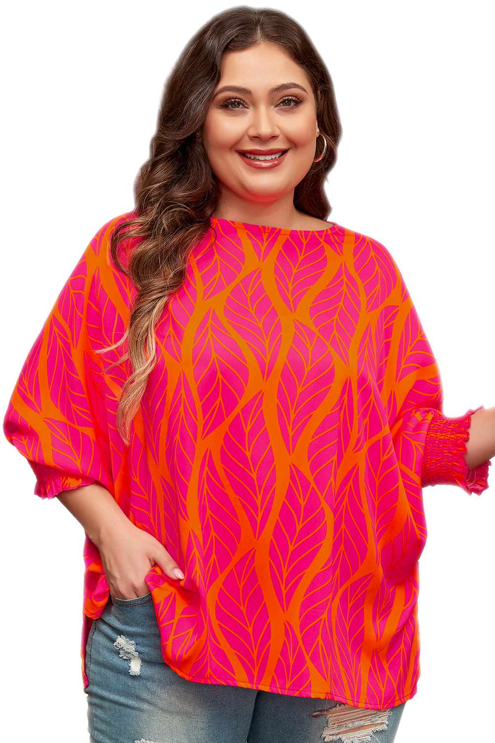 Plus Size Rose Leafy Printed Smocked Lantern Sleeve  Blouse
