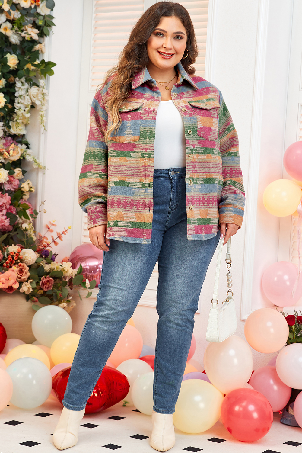 Plus Size Pink  Aztec Printed Flap Pocket Shacket