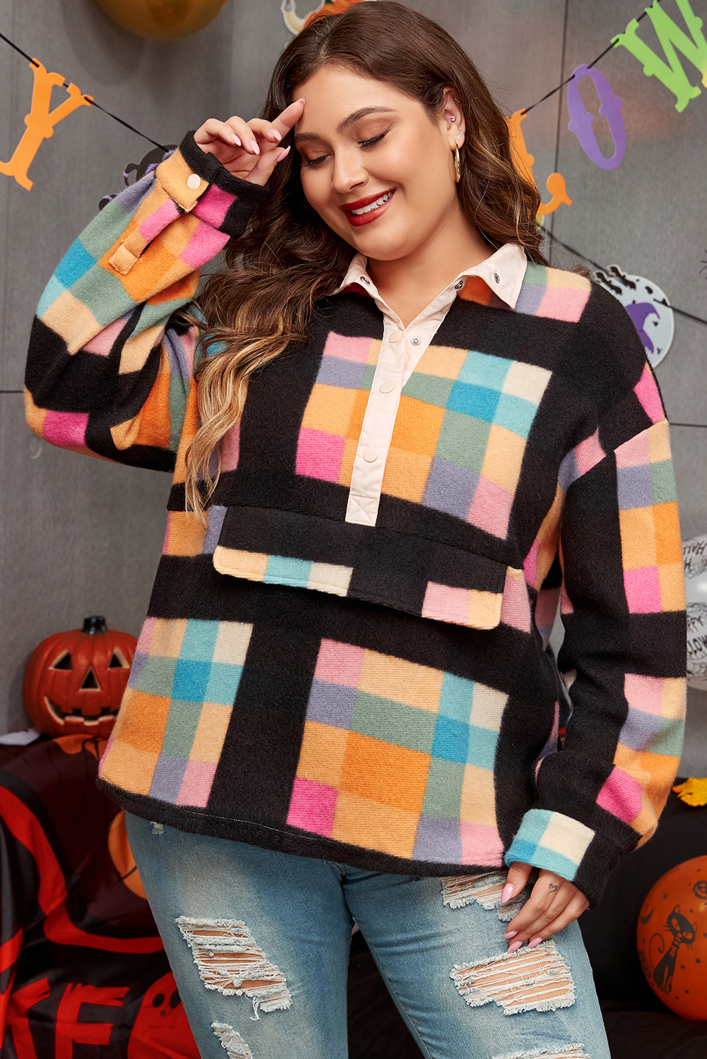 Plus Size Black  Checkered Print Sherpa Henley Sweatshirt