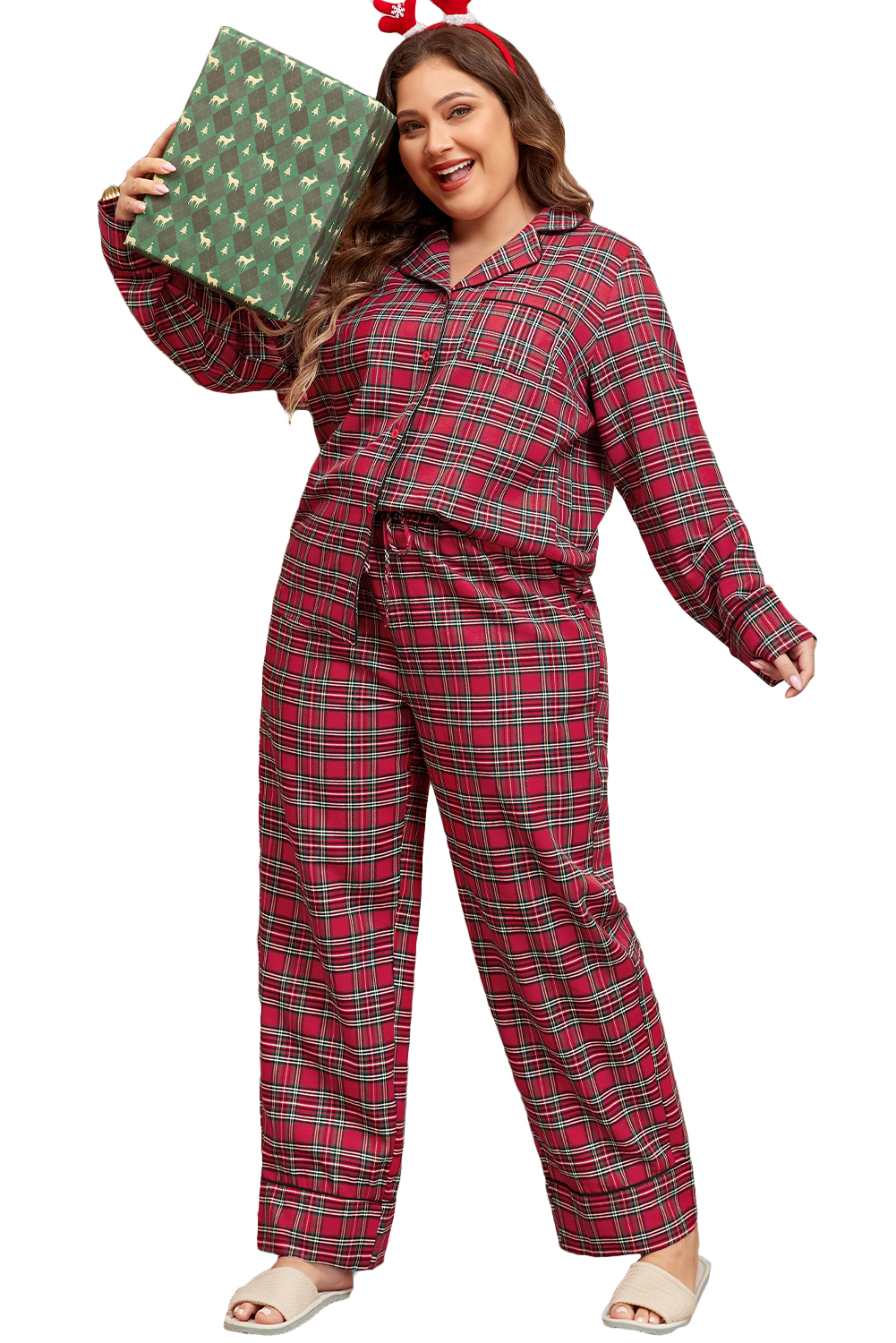 Plus Size Red Plaid Printed Shirt and Pants  Lounge Set