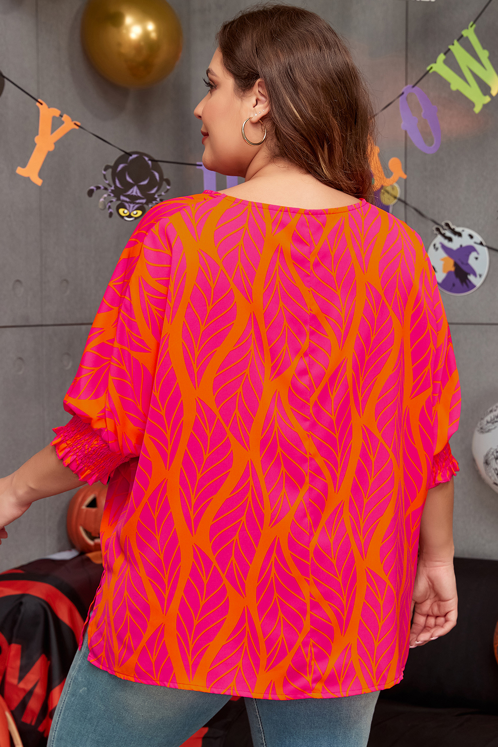 Plus Size Rose Leafy Printed Smocked Lantern Sleeve  Blouse