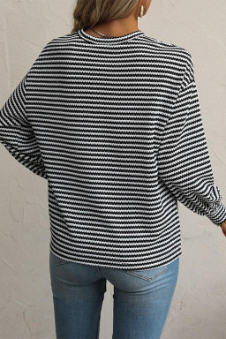 Plus Size Black Stripe Drop Shoulder Puff Long Sleeve O Neck  T Shirt