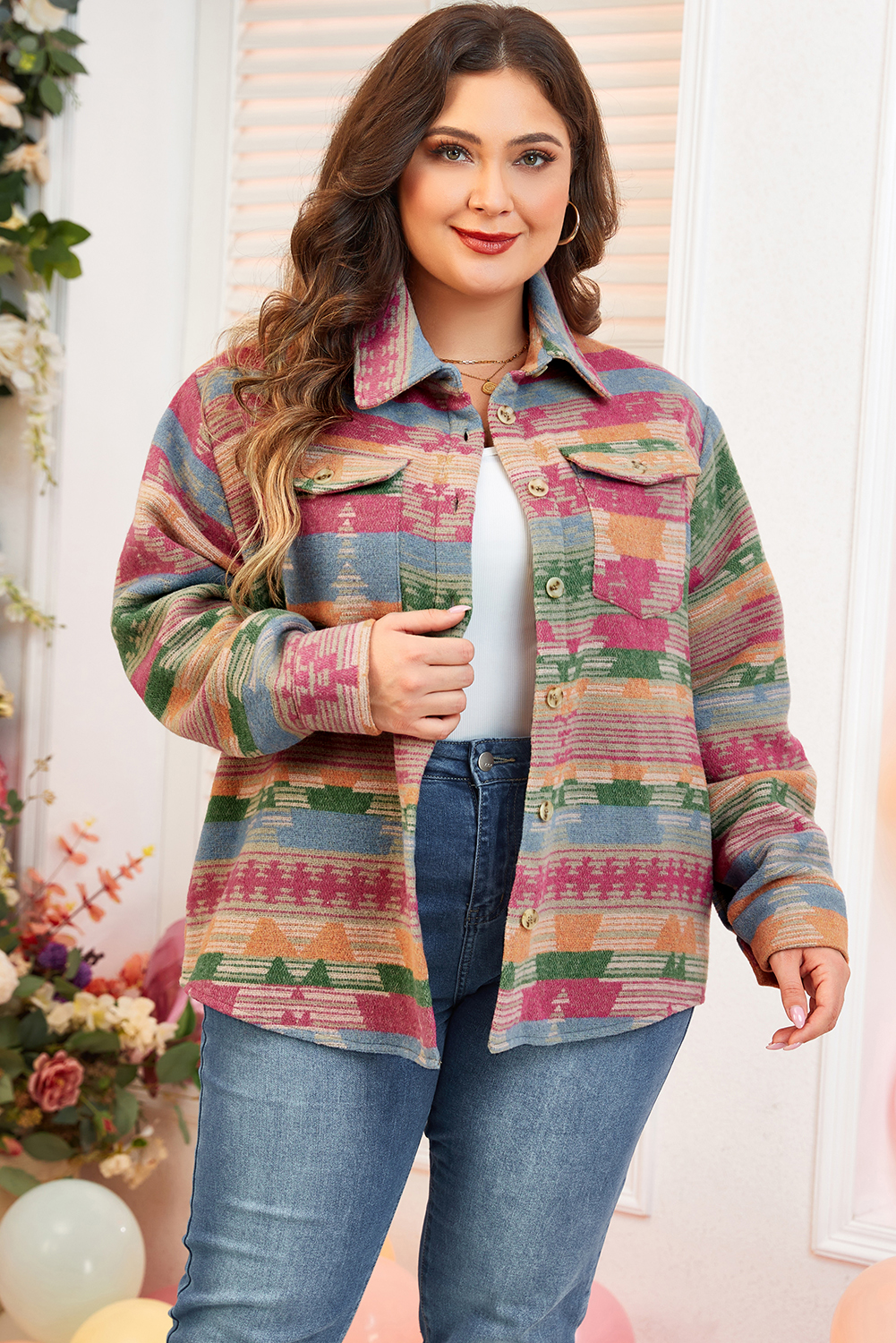 Plus Size Pink  Aztec Printed Flap Pocket Shacket
