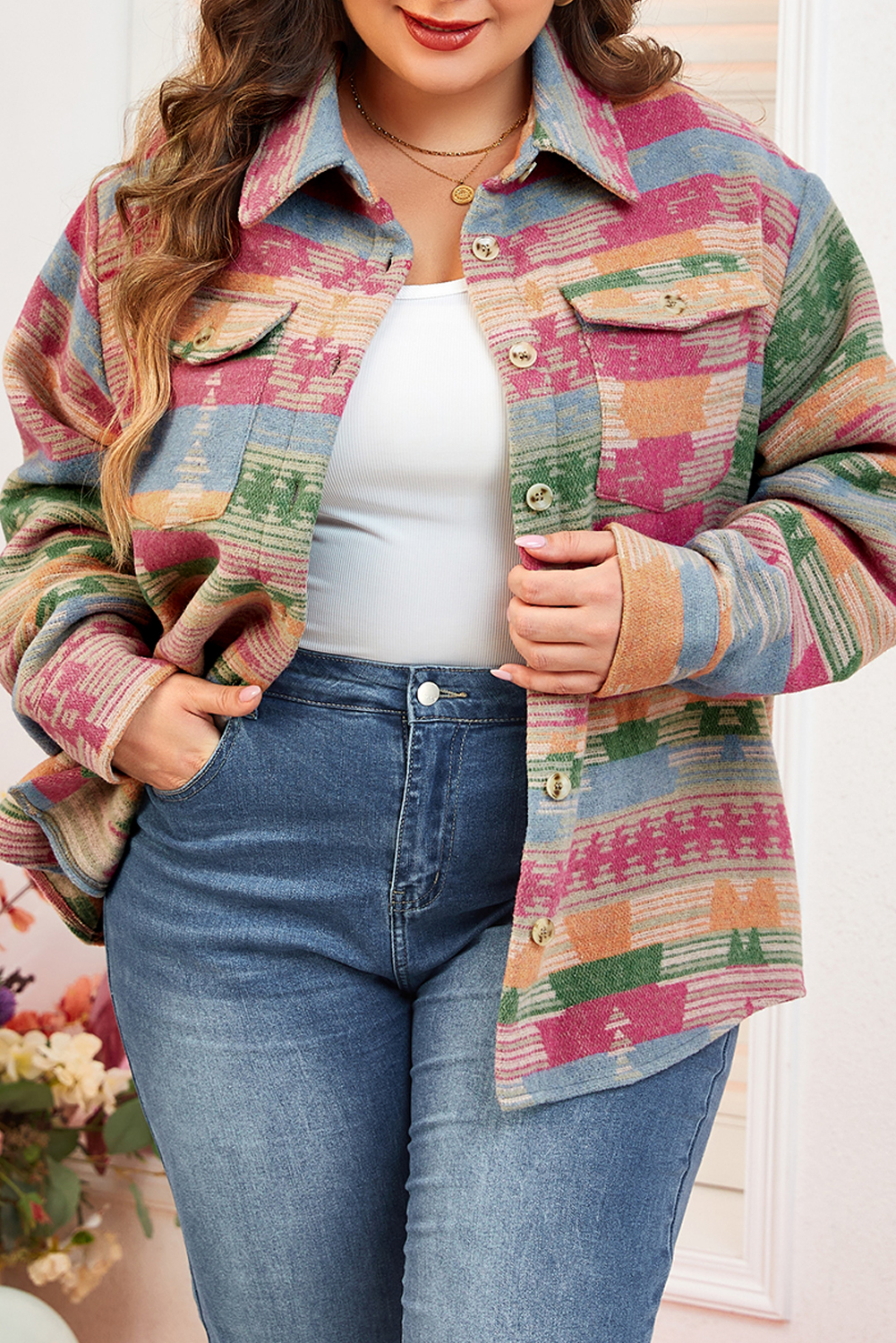 Plus Size Pink  Aztec Printed Flap Pocket Shacket