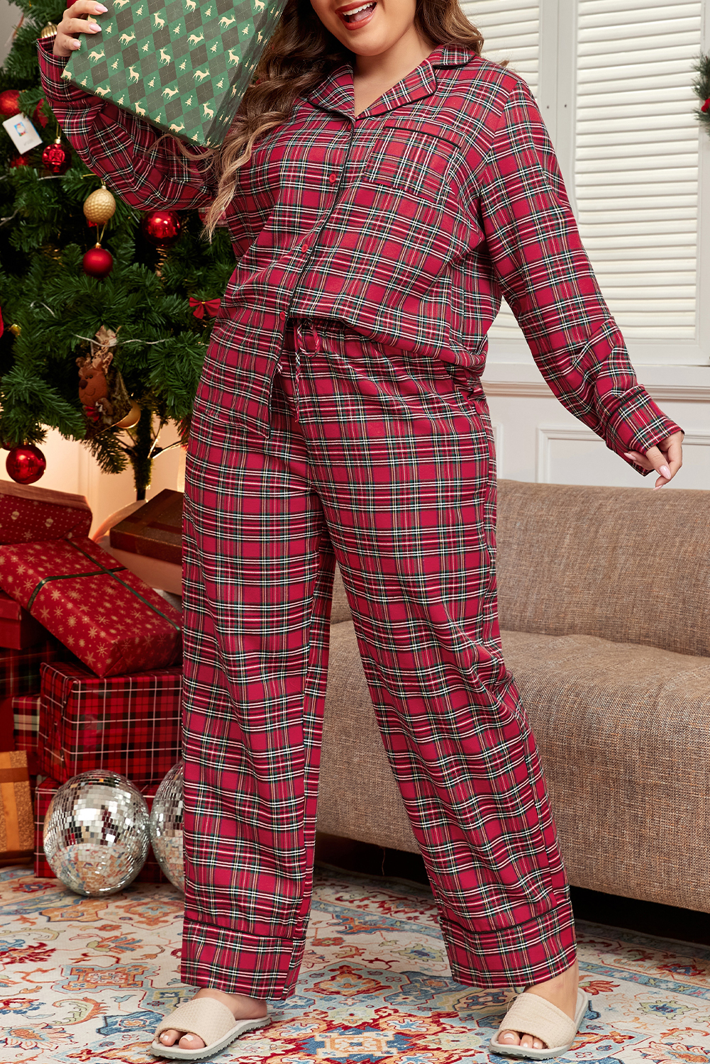 Plus Size Red Plaid Printed Shirt and Pants  Lounge Set