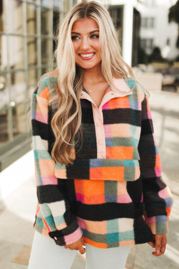 Plus Size Black  Checkered Print Sherpa Henley Sweatshirt