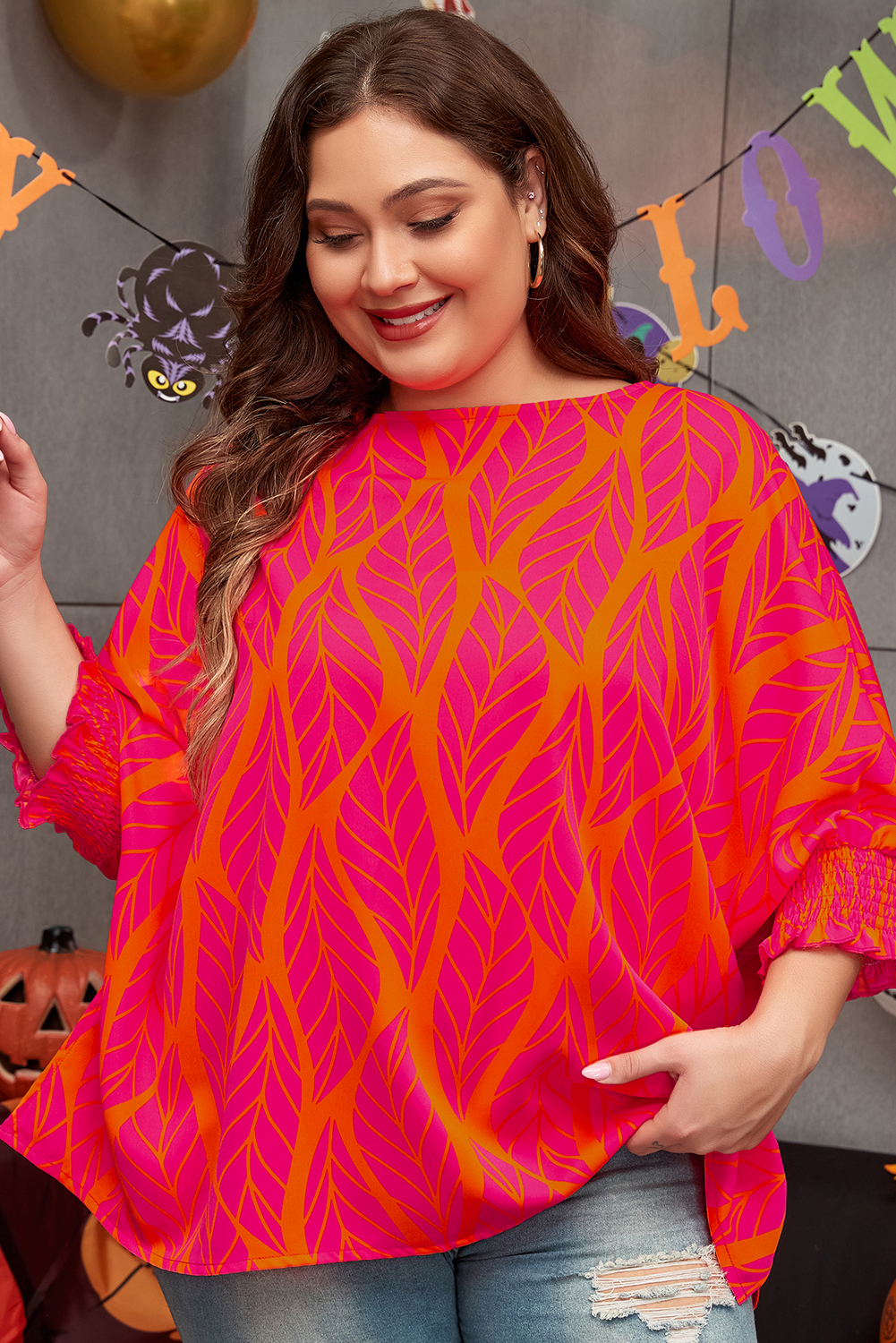Plus Size Rose Leafy Printed Smocked Lantern Sleeve  Blouse