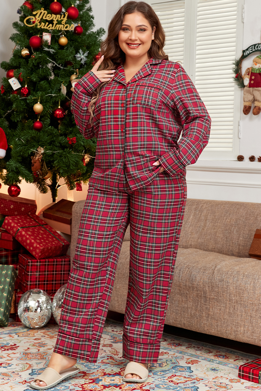 Plus Size Red Plaid Printed Shirt and Pants  Lounge Set