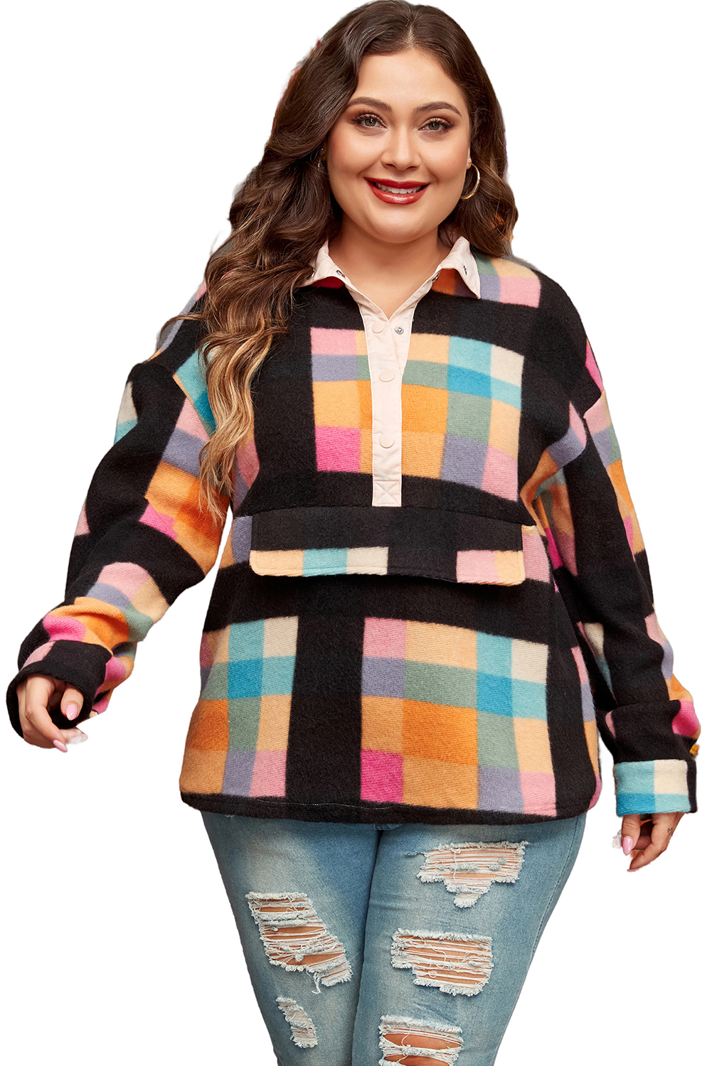 Plus Size Black  Checkered Print Sherpa Henley Sweatshirt