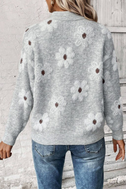 Plus Size Gray  Embroidered Floral Pattern Half Zip Sweater