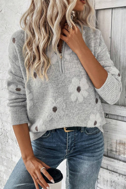 Plus Size Gray  Embroidered Floral Pattern Half Zip Sweater