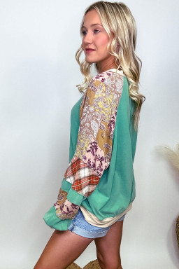 Plus Size Sky Blue  Plaid Floral Patchwork Raglan Sleeve Sweatshirt
