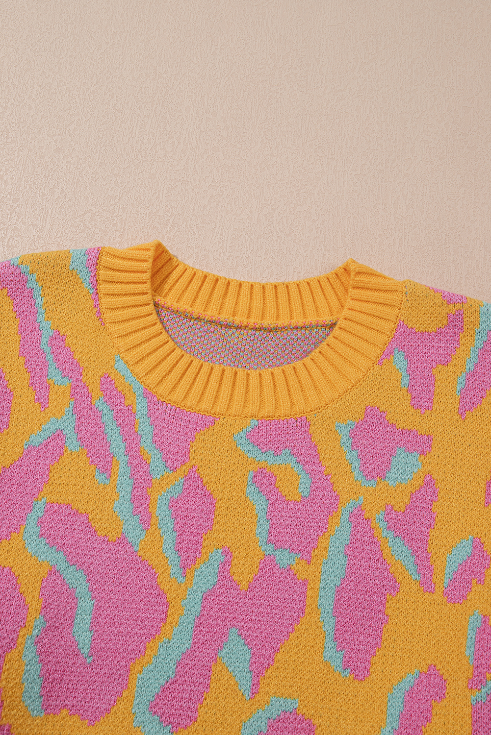 Plus Size Bright Pink  Leopard Ribbed Trim Sweater