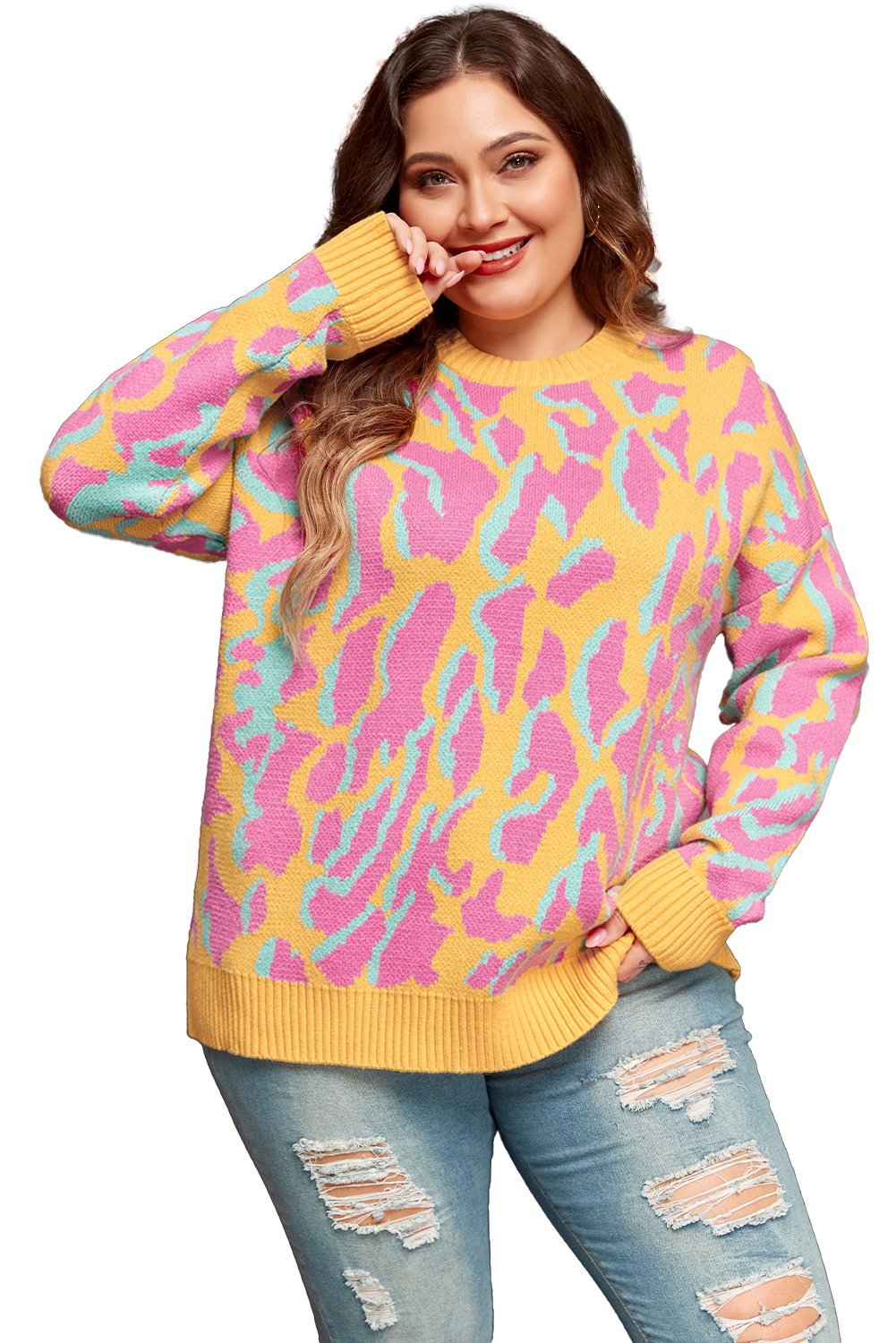 Plus Size Bright Pink  Leopard Ribbed Trim Sweater