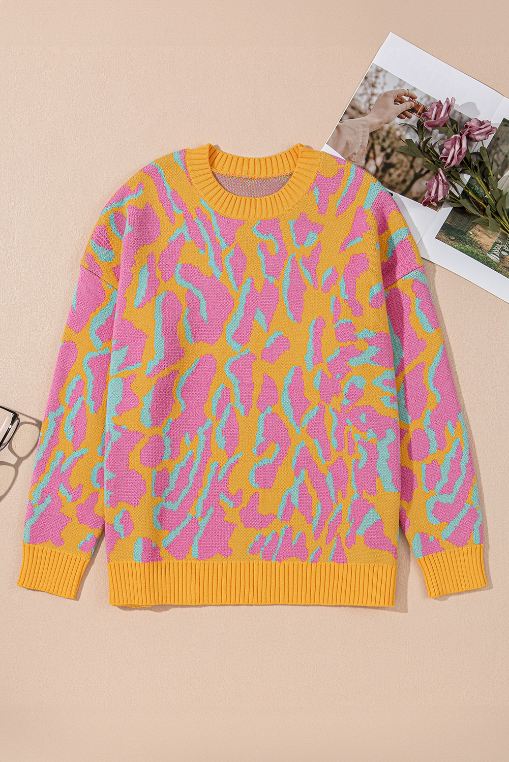 Plus Size Bright Pink  Leopard Ribbed Trim Sweater