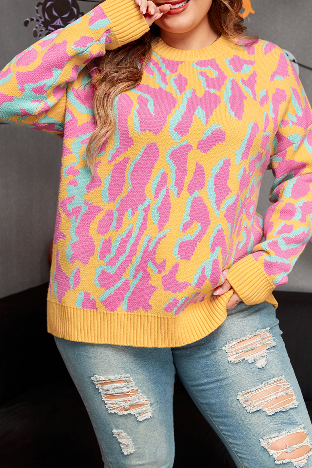Plus Size Bright Pink  Leopard Ribbed Trim Sweater