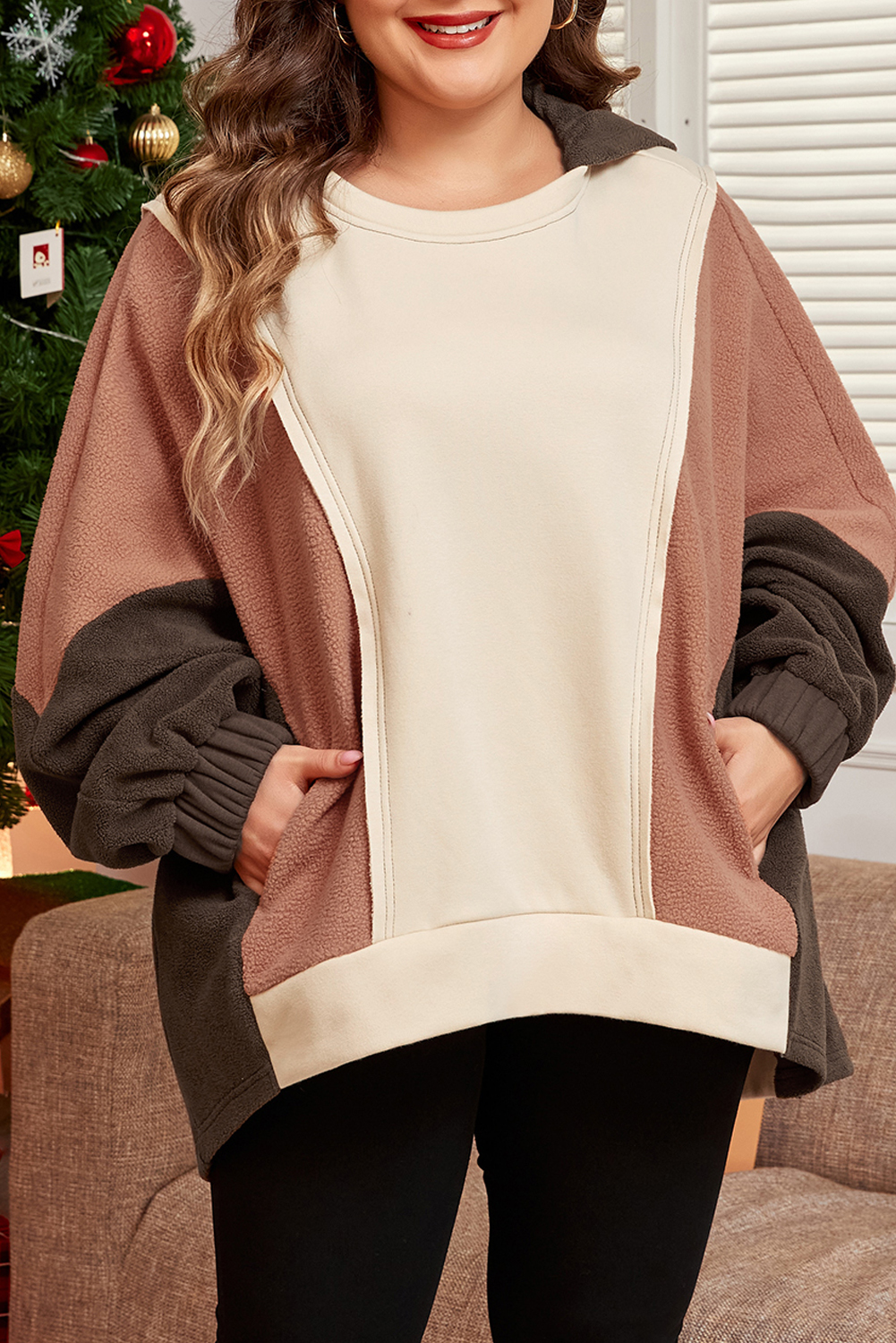 Plus Size Brown Exposed Seam Colorblock  Hoodie