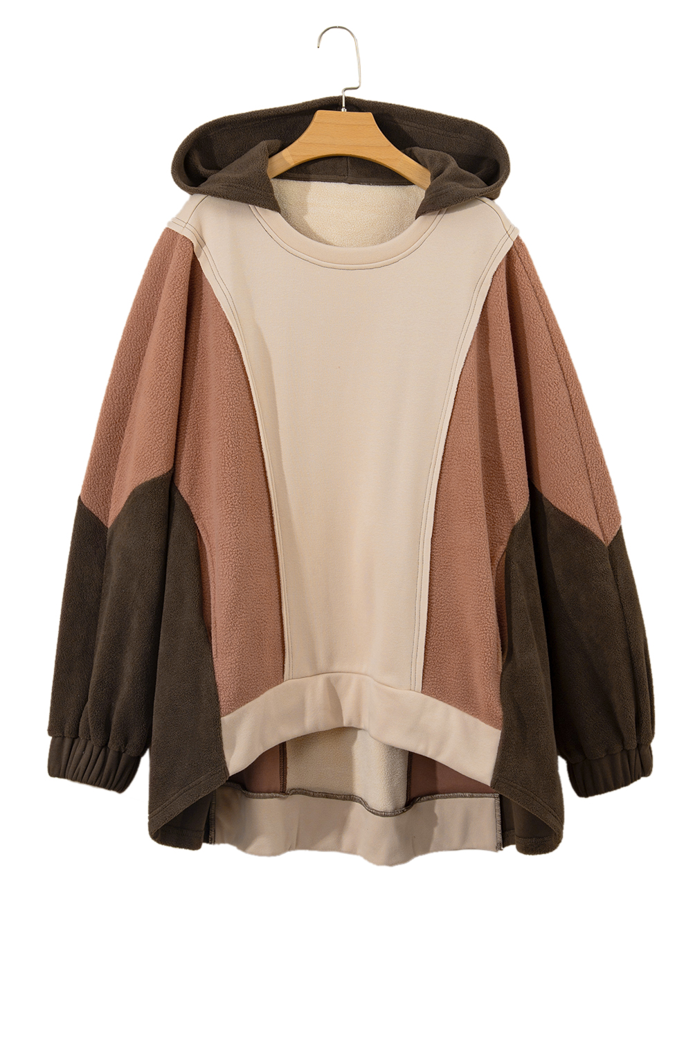 Plus Size Brown Exposed Seam Colorblock  Hoodie