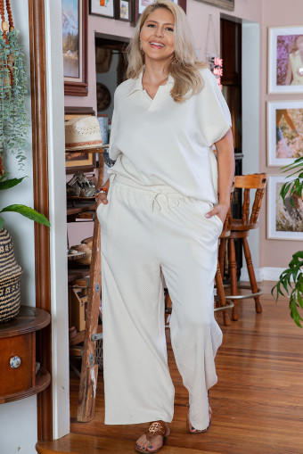 Plus Size Beige  Textured Collared Top and Pants Set
