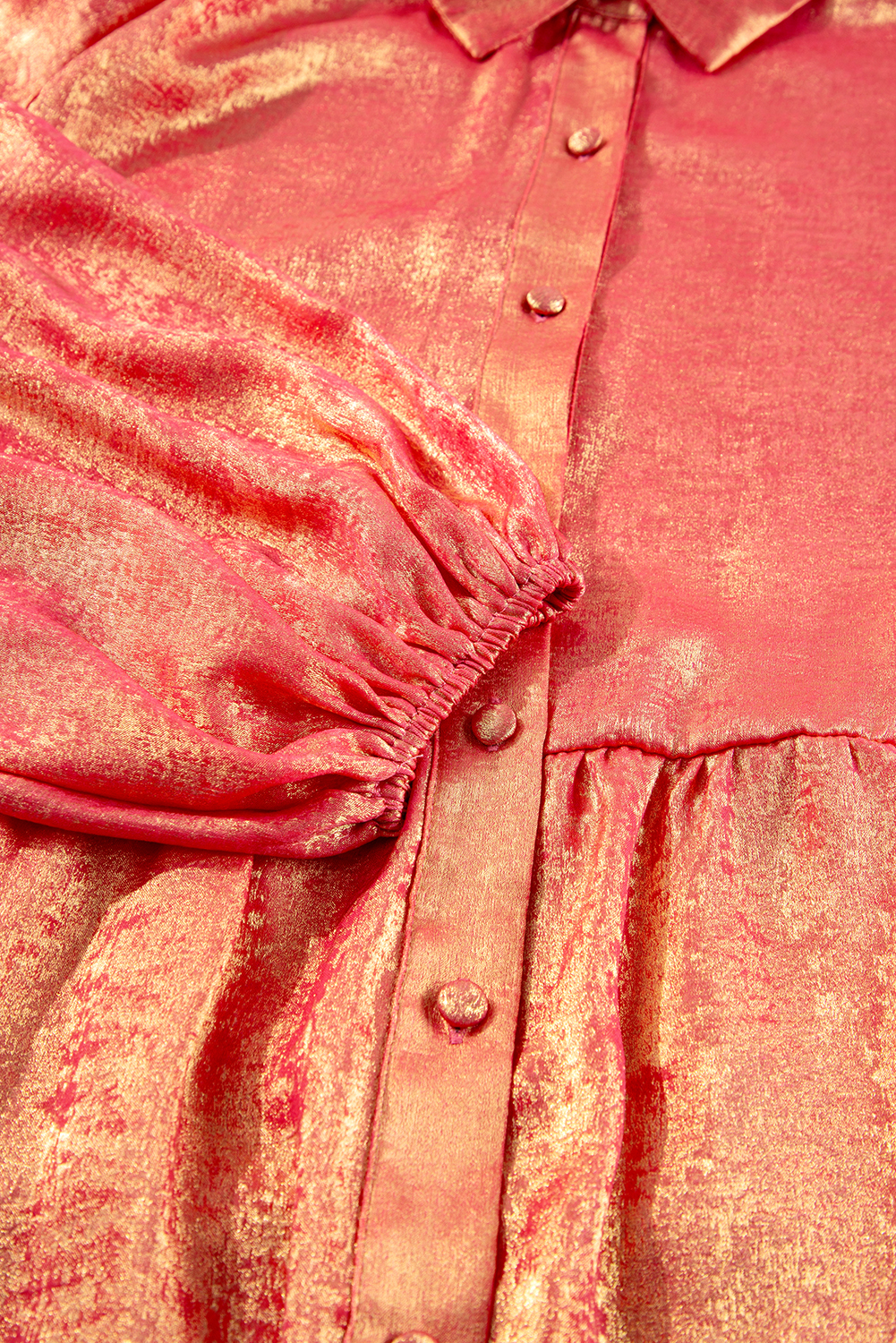 Plus Size Peach Blossom Metallic Balloon Sleeve Shirt  Mini Dress