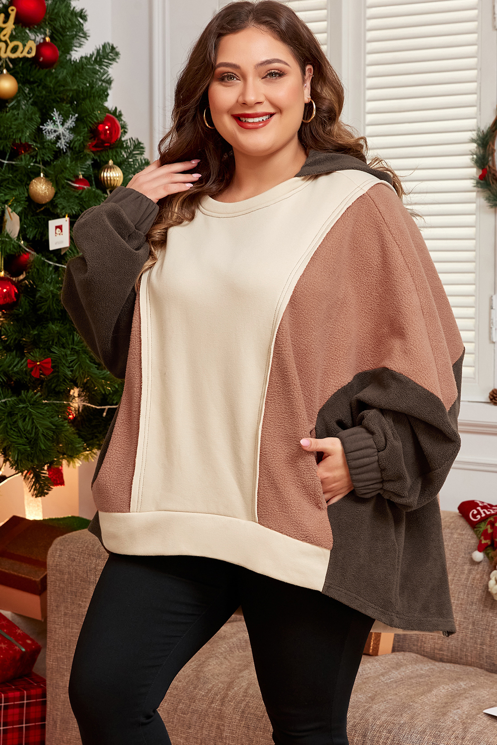 Plus Size Brown Exposed Seam Colorblock  Hoodie