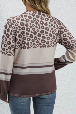 Plus Size Coffee  Leopard Striped Long Sleeve Crew Neck Top