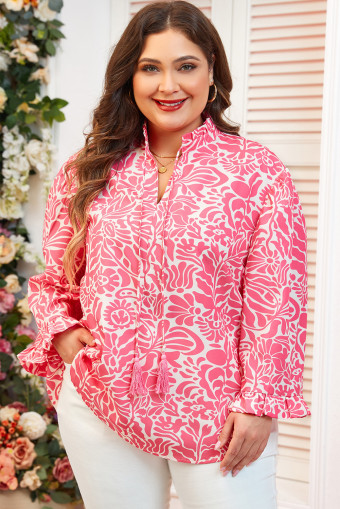 Plus Size Pink  Floral Print Frilled Neck Puff Sleeve Top
