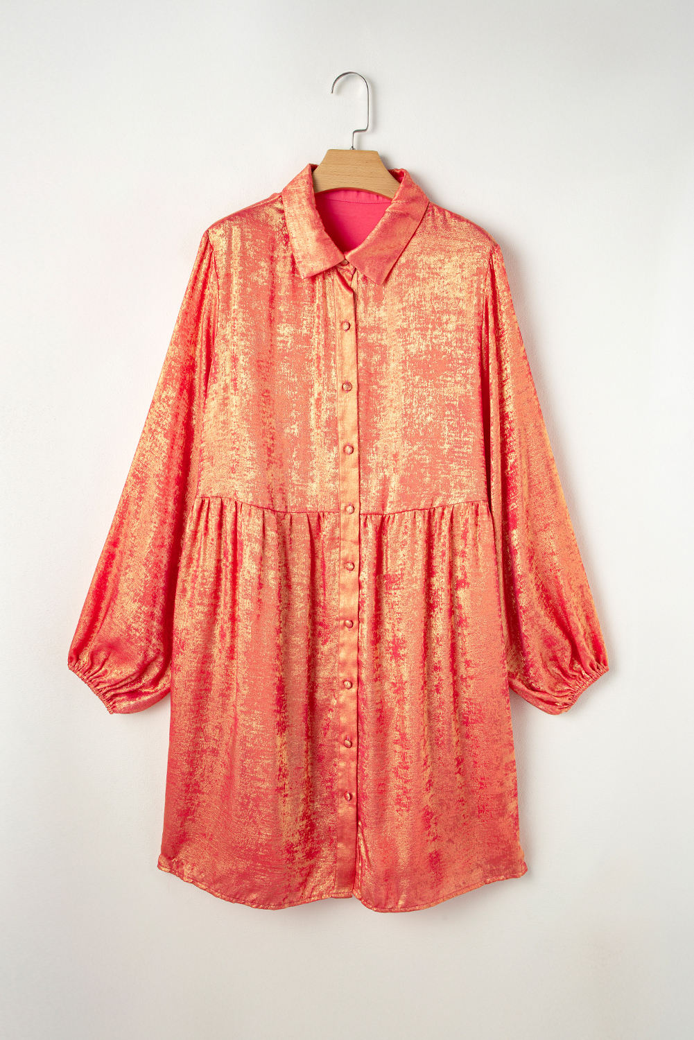 Plus Size Peach Blossom Metallic Balloon Sleeve Shirt  Mini Dress