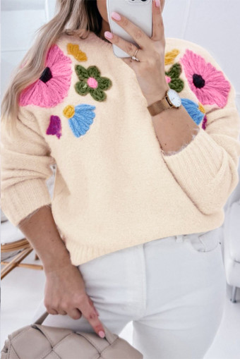 Plus Size Beige  Crochet Flower Pullover Sweater