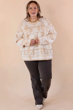 Plus Size Apricot  Western Aztec Print Loose Sweater