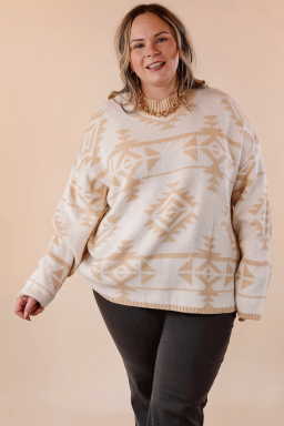 Plus Size Apricot  Western Aztec Print Loose Sweater