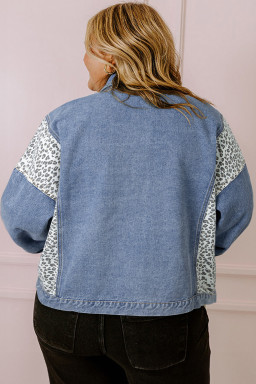 Plus Size Beau Blue Leopard Patchwork Flap Detail  Denim Jacket