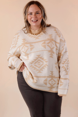 Plus Size Apricot  Western Aztec Print Loose Sweater