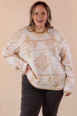Plus Size Apricot  Western Aztec Print Loose Sweater