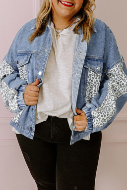Plus Size Beau Blue Leopard Patchwork Flap Detail  Denim Jacket