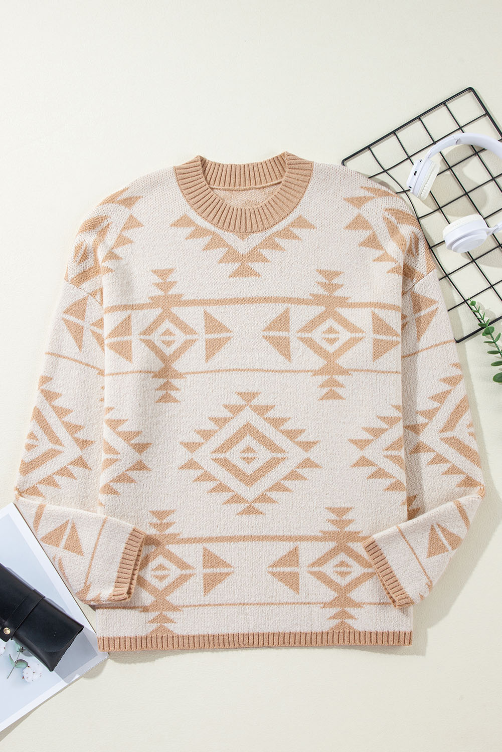 Plus Size Apricot  Western Aztec Print Loose Sweater