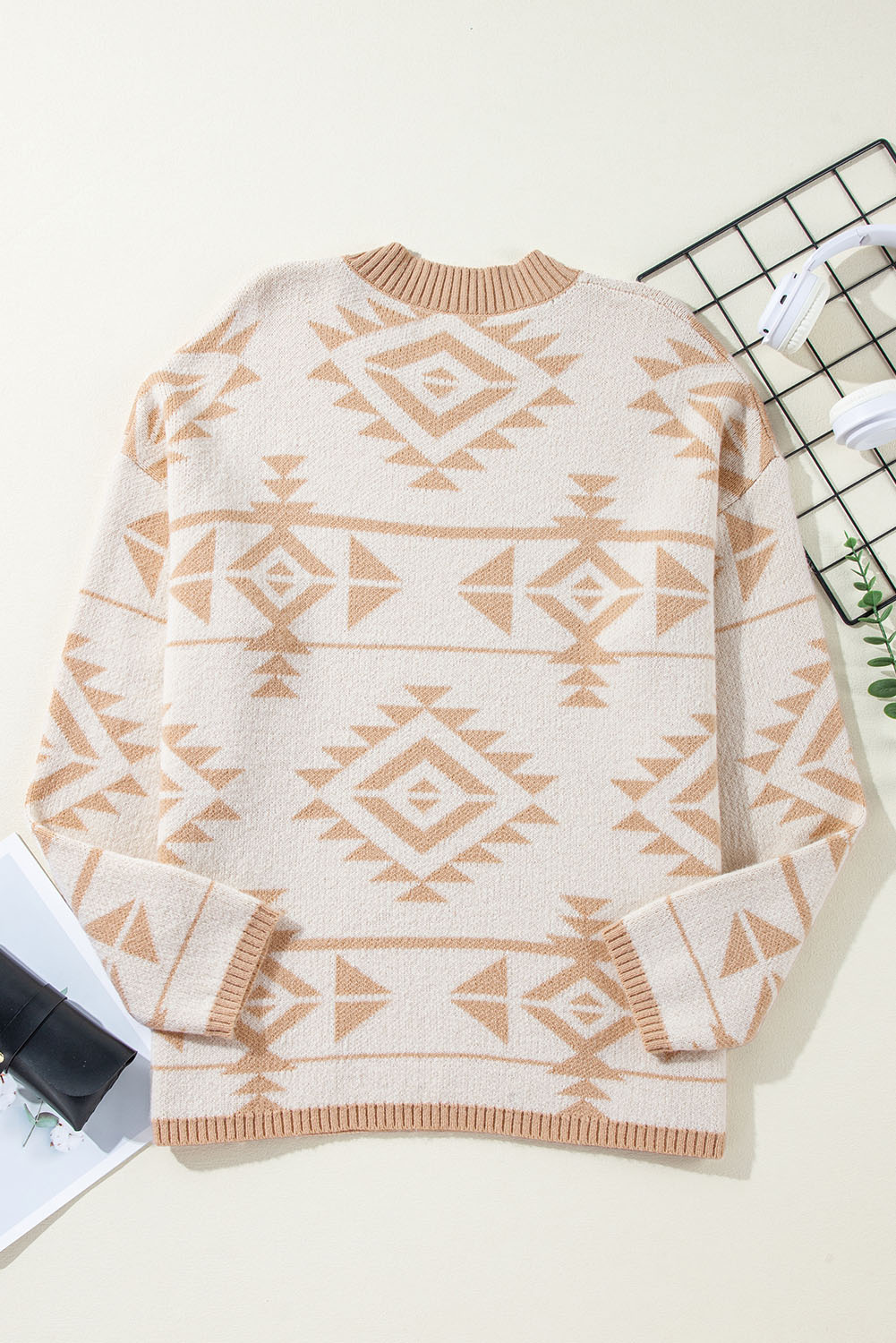 Plus Size Apricot  Western Aztec Print Loose Sweater