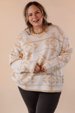 Plus Size Apricot  Western Aztec Print Loose Sweater