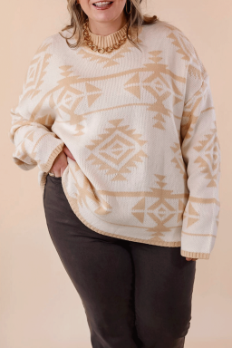 Plus Size Apricot  Western Aztec Print Loose Sweater